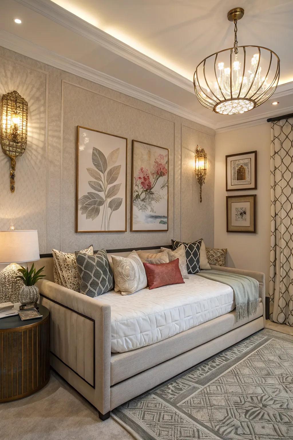 Daybed completed with wall art and lighting