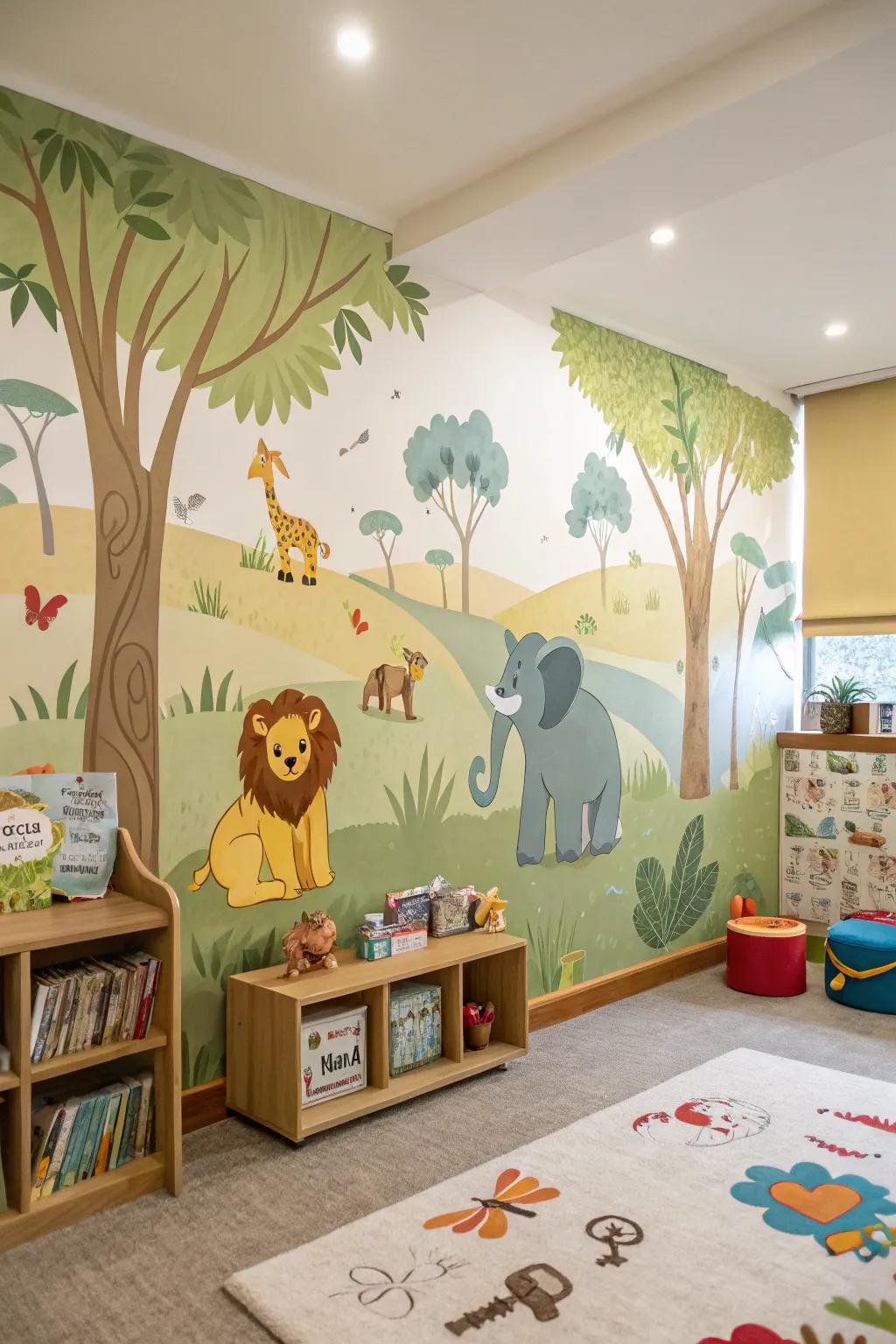 A daycare room with lively animal-themed wallpaper.