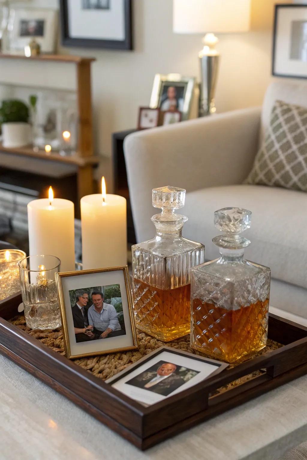 A cozy area featuring elegant vessels alongside personalized decorative items.