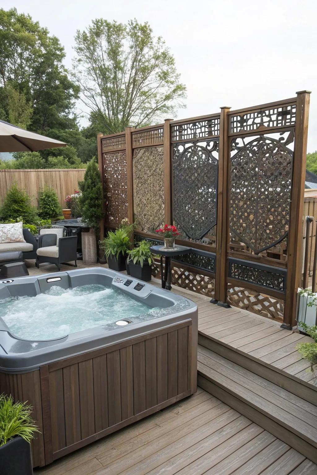 Seclusion screens produce a private hot tub experience.