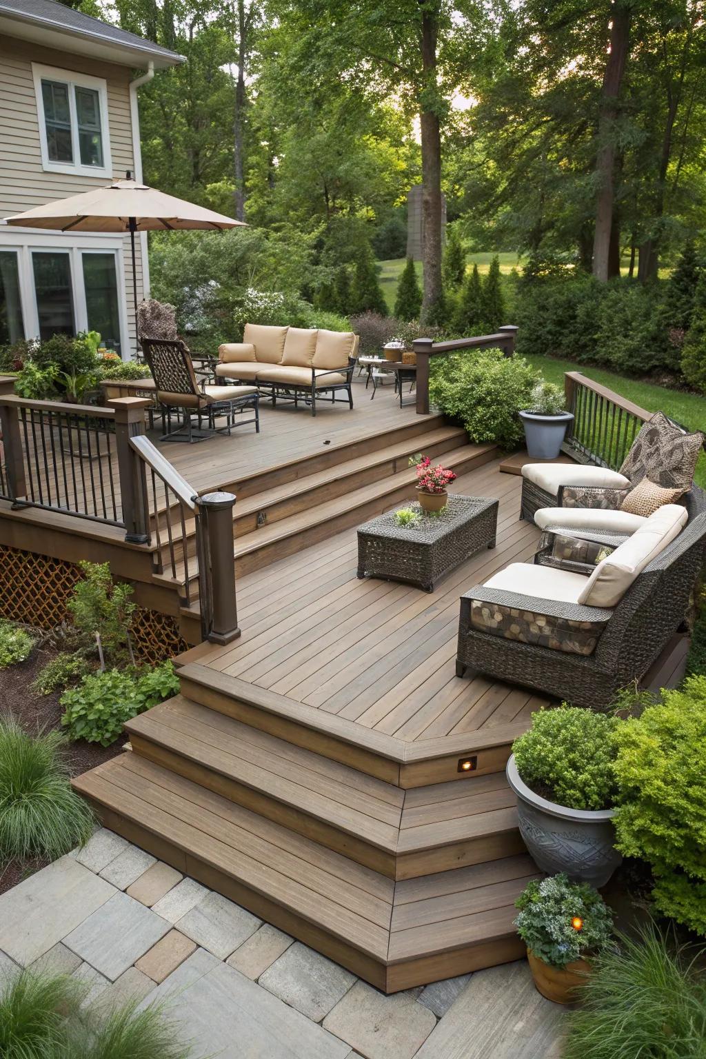 A multi-tiered deck with vibrant and functional steps