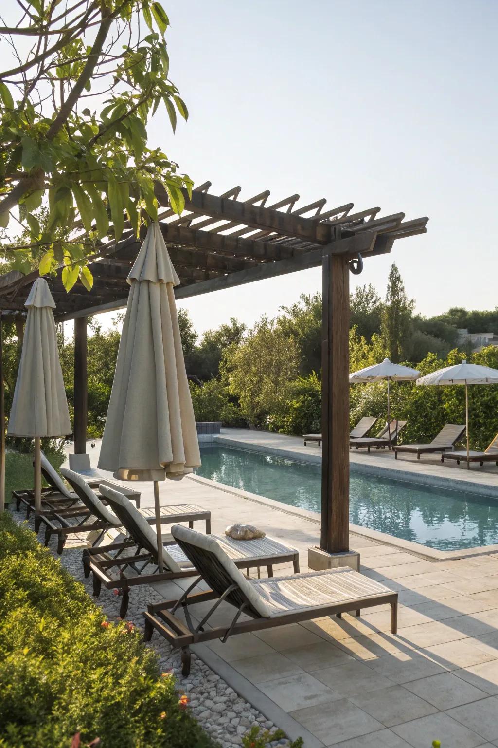 A revitalizing poolside pergola getaway for ultimate unwinding.