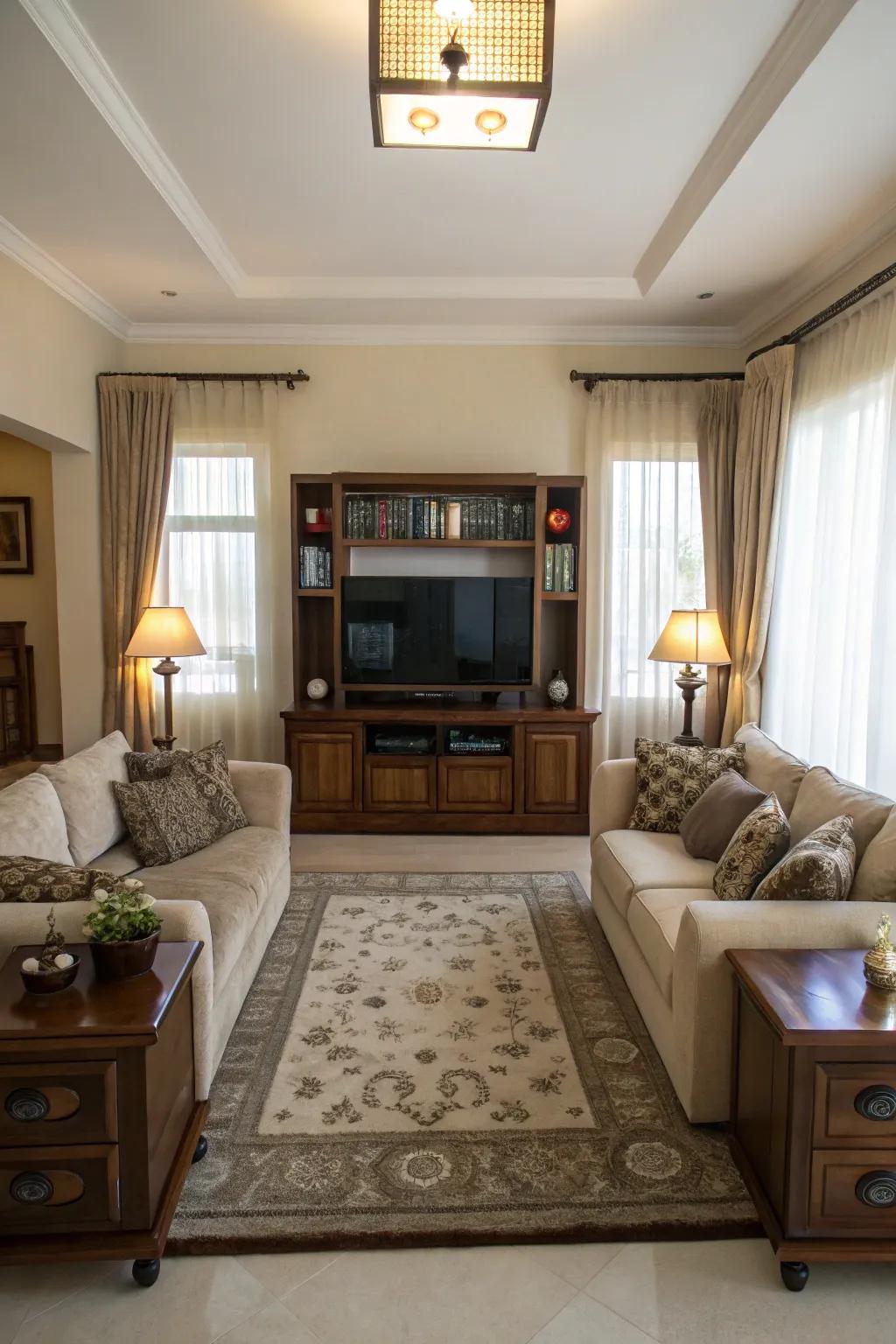 Symmetrical decor delivers a balanced and harmonious appearance.