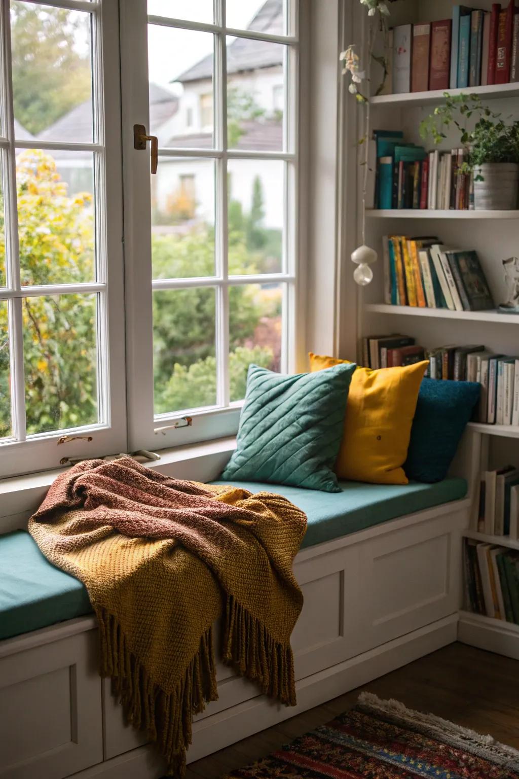 Window seats with cushions are perfect for relaxing and reading.