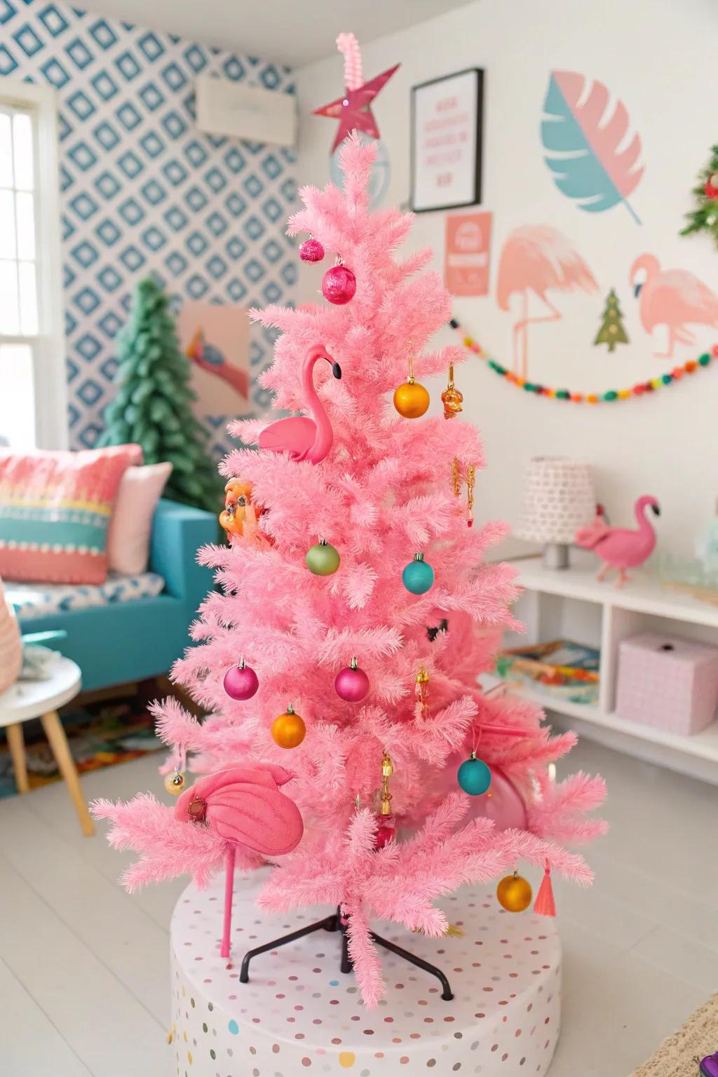 A playful pink tree featuring fun flamingo accents.