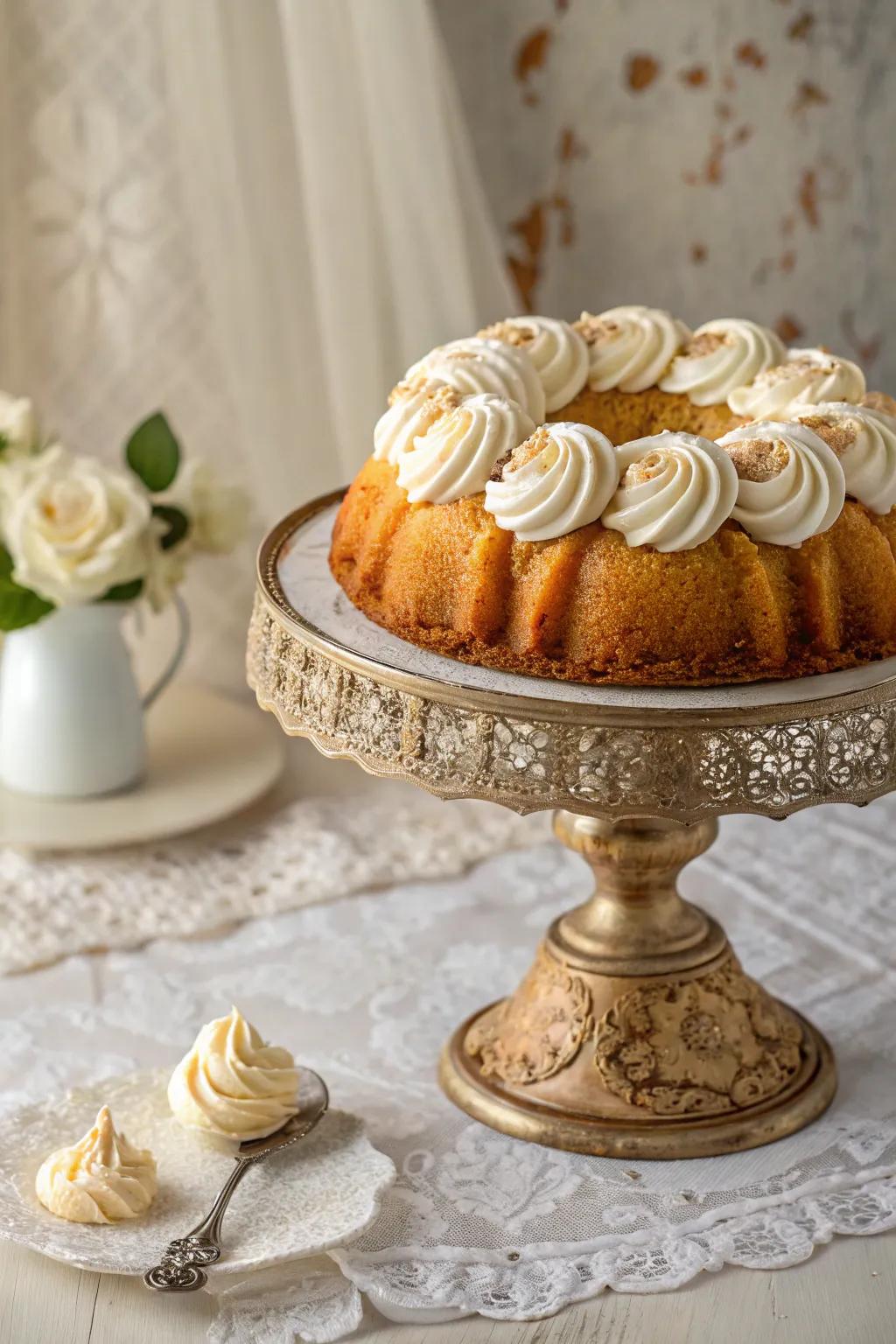 Whipped cream swirls elegantly adorn a bundt cake.