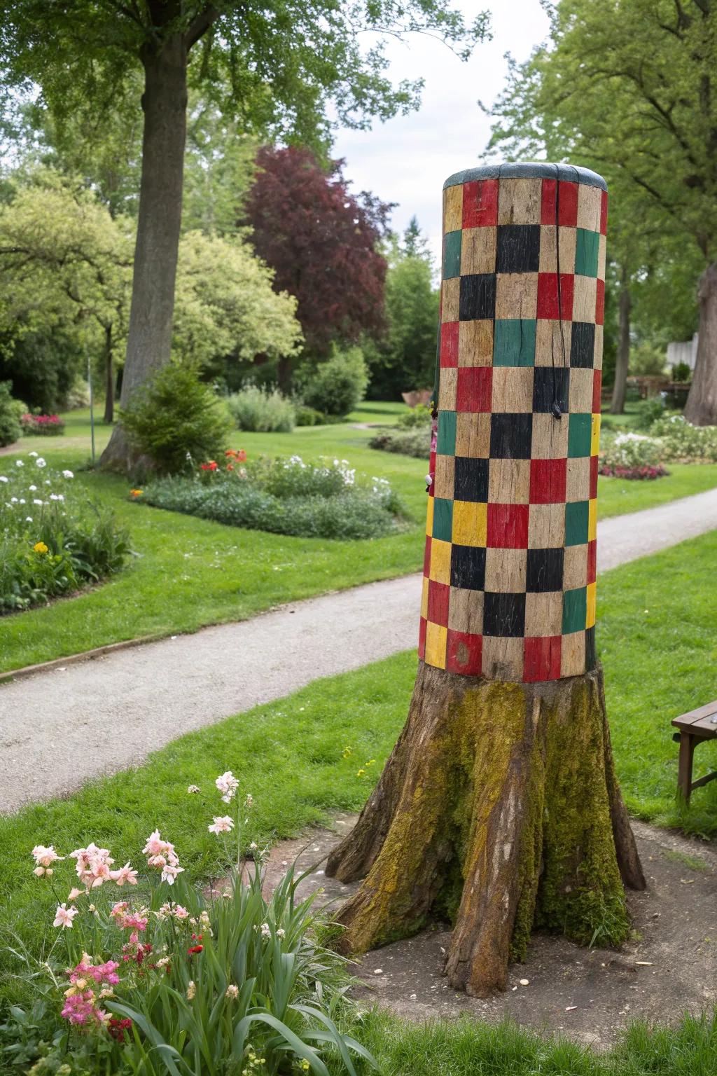 Revel in outdoor games with a tree stump game table.