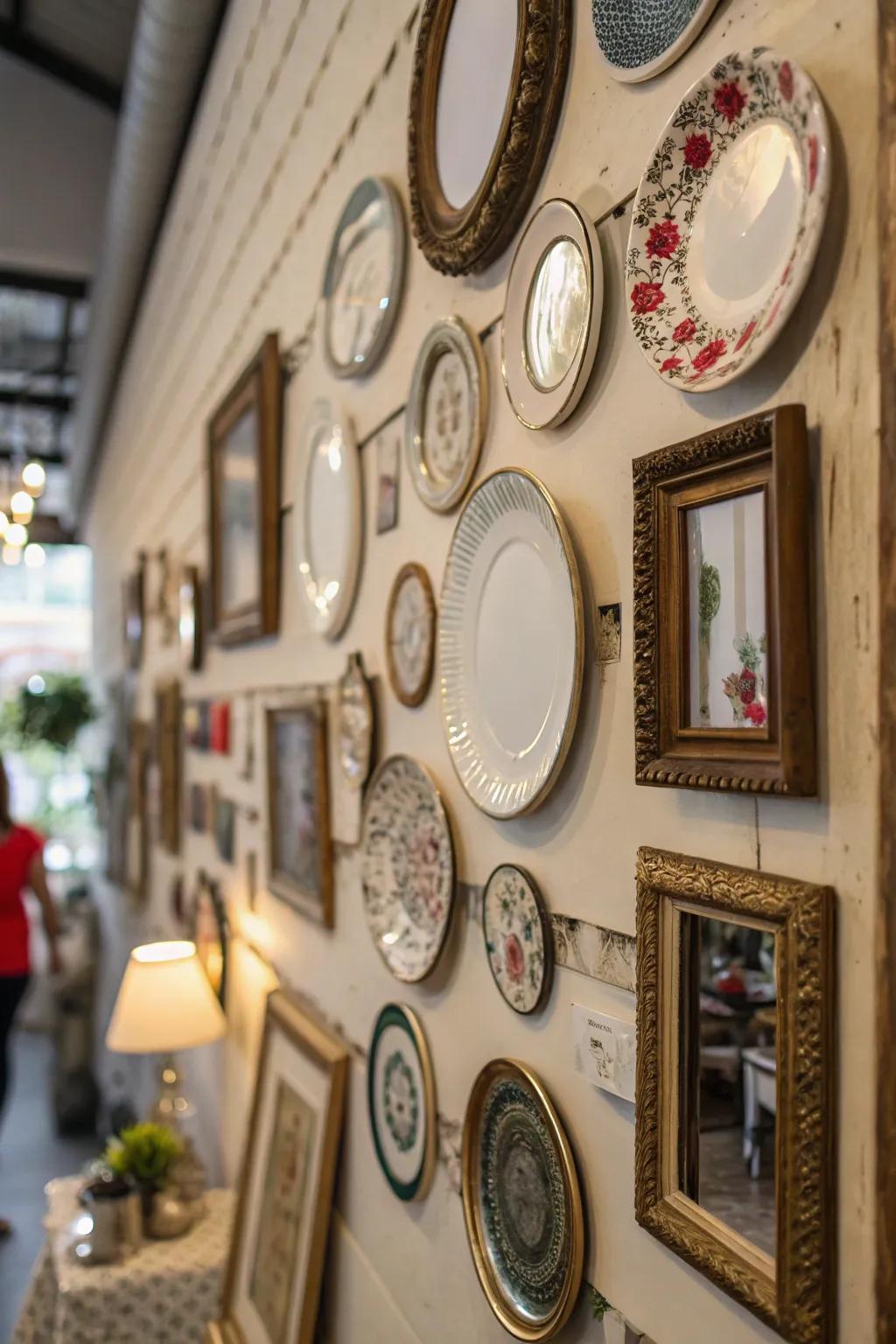 Dishes are combined with mirrors and art for a layered effect.