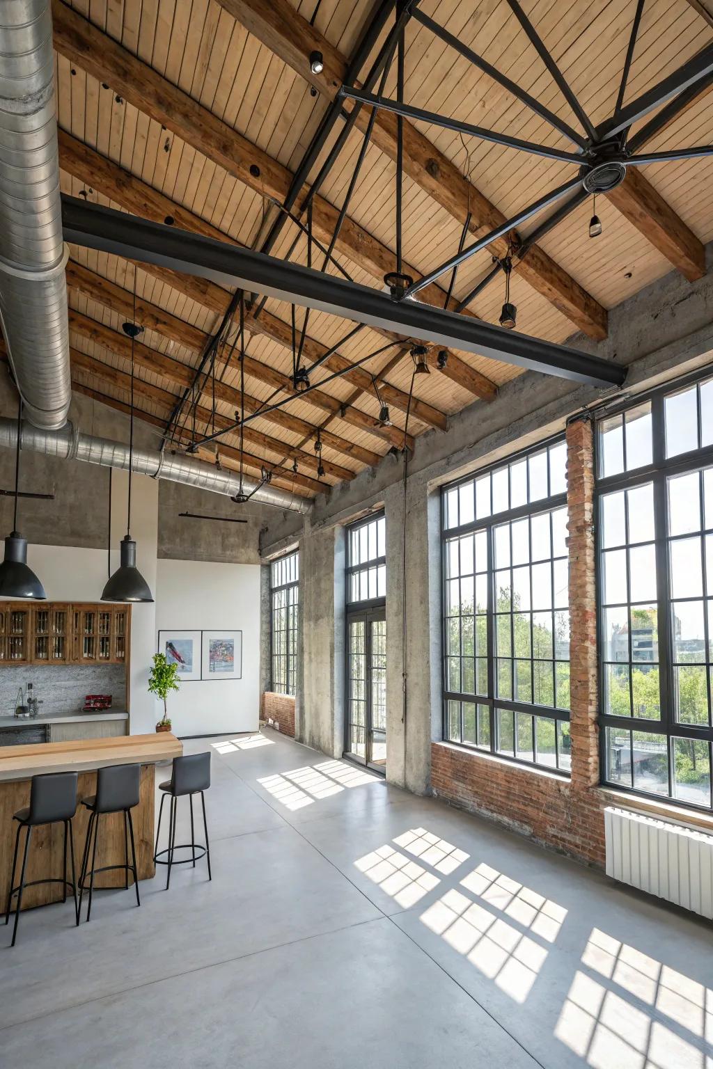 The fusion of metal and timber beams achieves a stylish, industrial vibe.