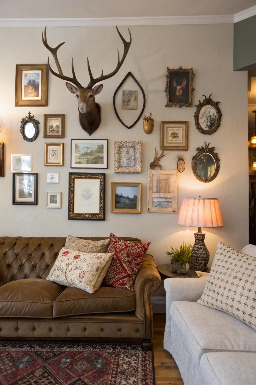An eclectic living room wall features a curated arrangement of deer antlers, framed art, and mirrors.
