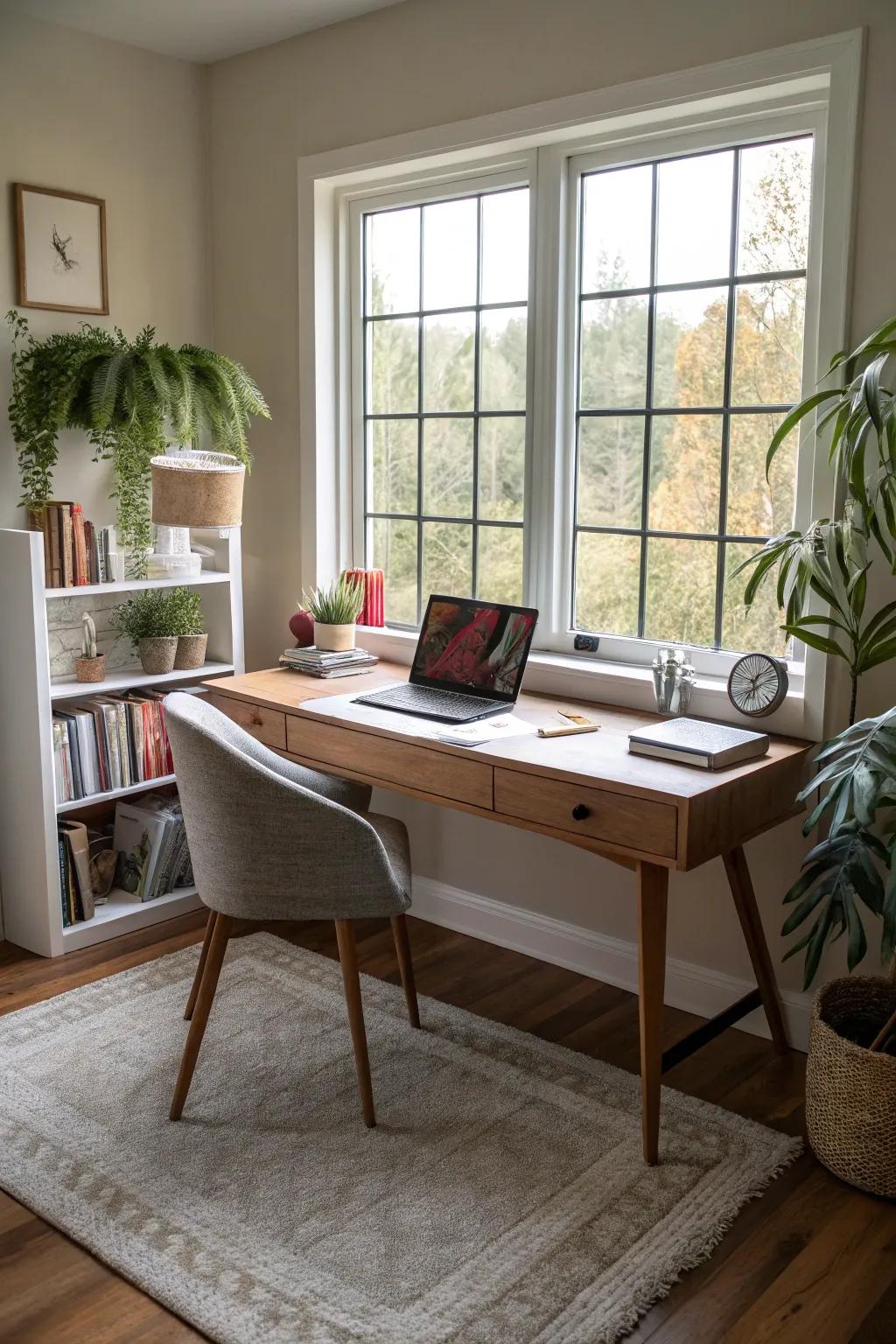 A soft floor covering adds texture and warmth to the workspace.