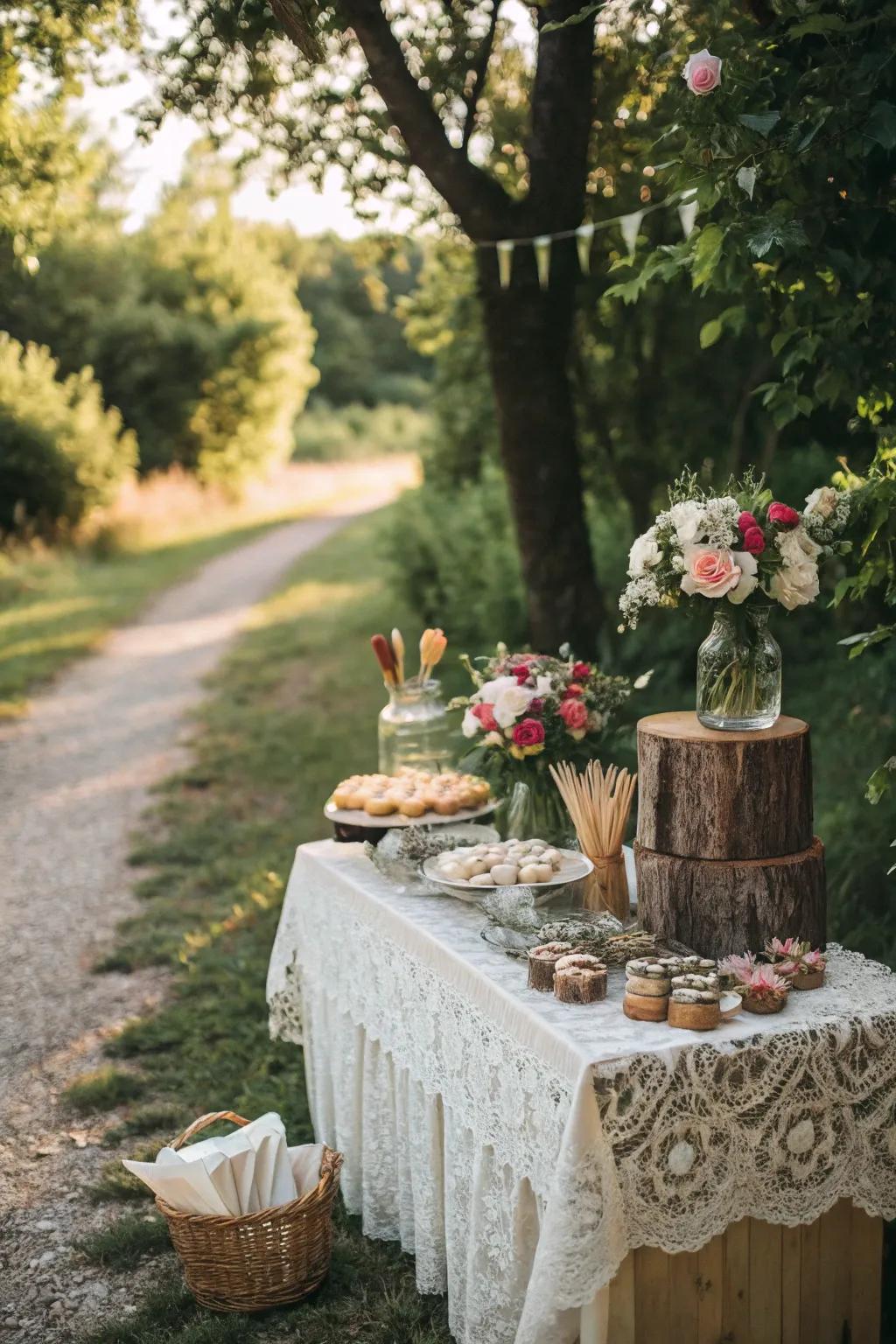 Nature offers a stunning backdrop for outdoor dessert tables.