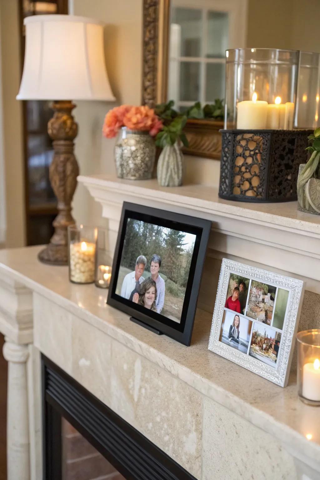 A mantel becomes a focal point when paired with an electronic picture display.