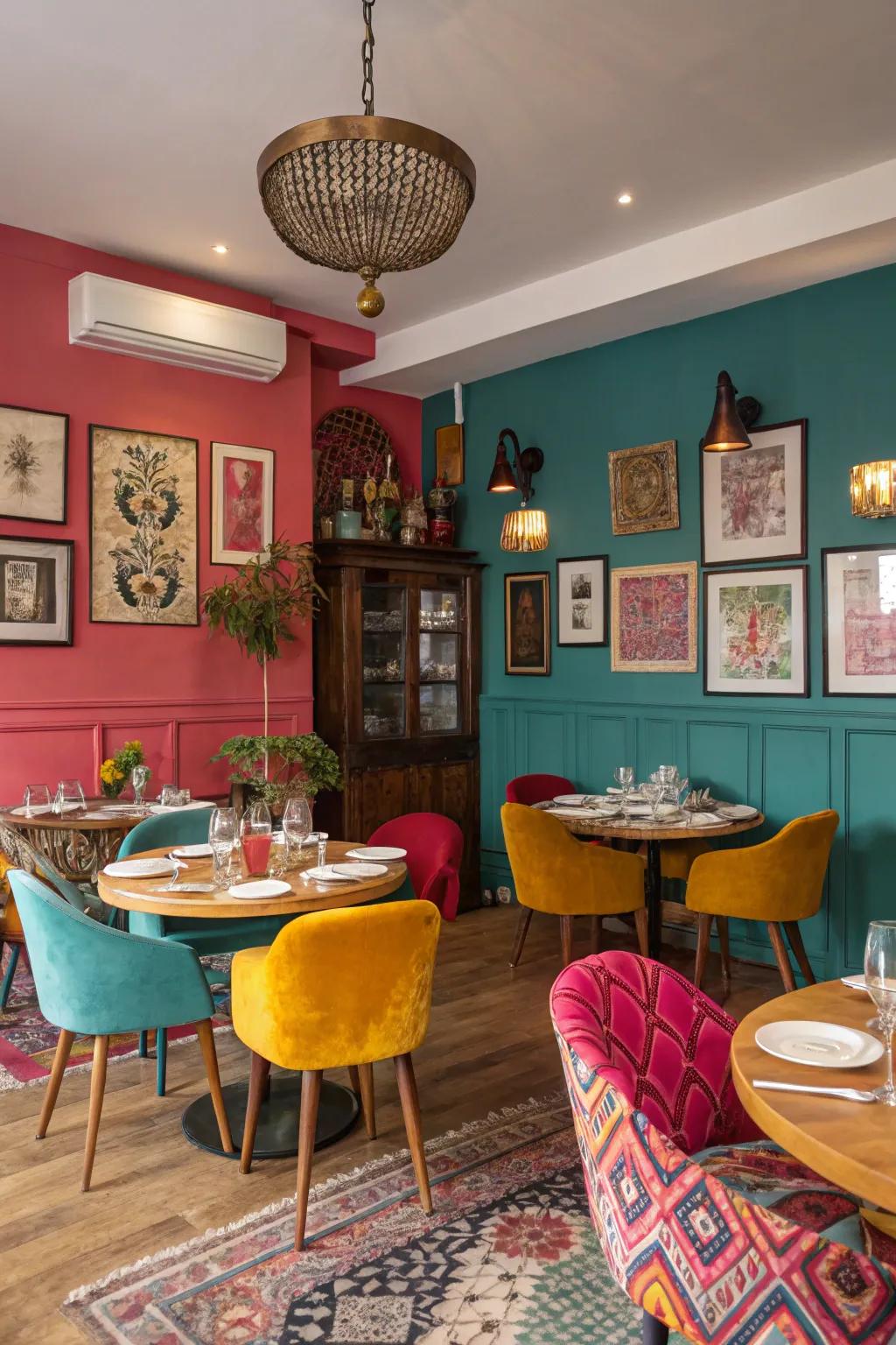 A vibrant mix causes dining spaces to be unique and energetic.