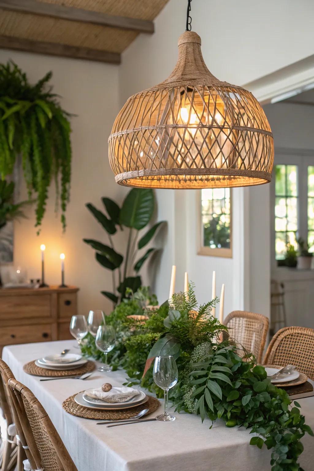Natural sophistication with a rattan chandelier.