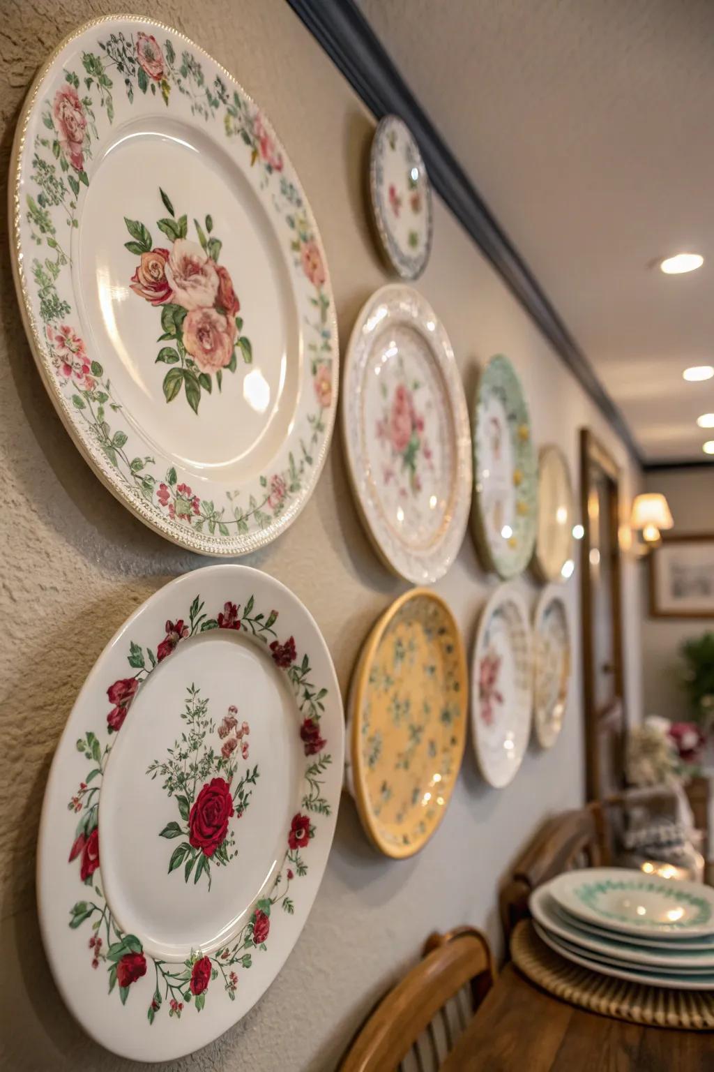 Plates with botanical patterns contribute a natural and cozy touch.