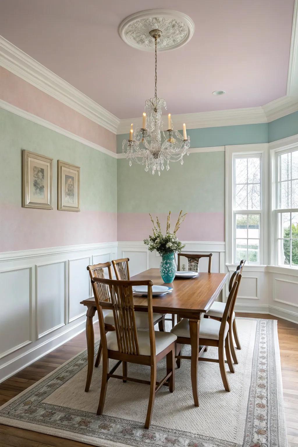 Soft pastels fashion a tranquil, welcoming dining environment.
