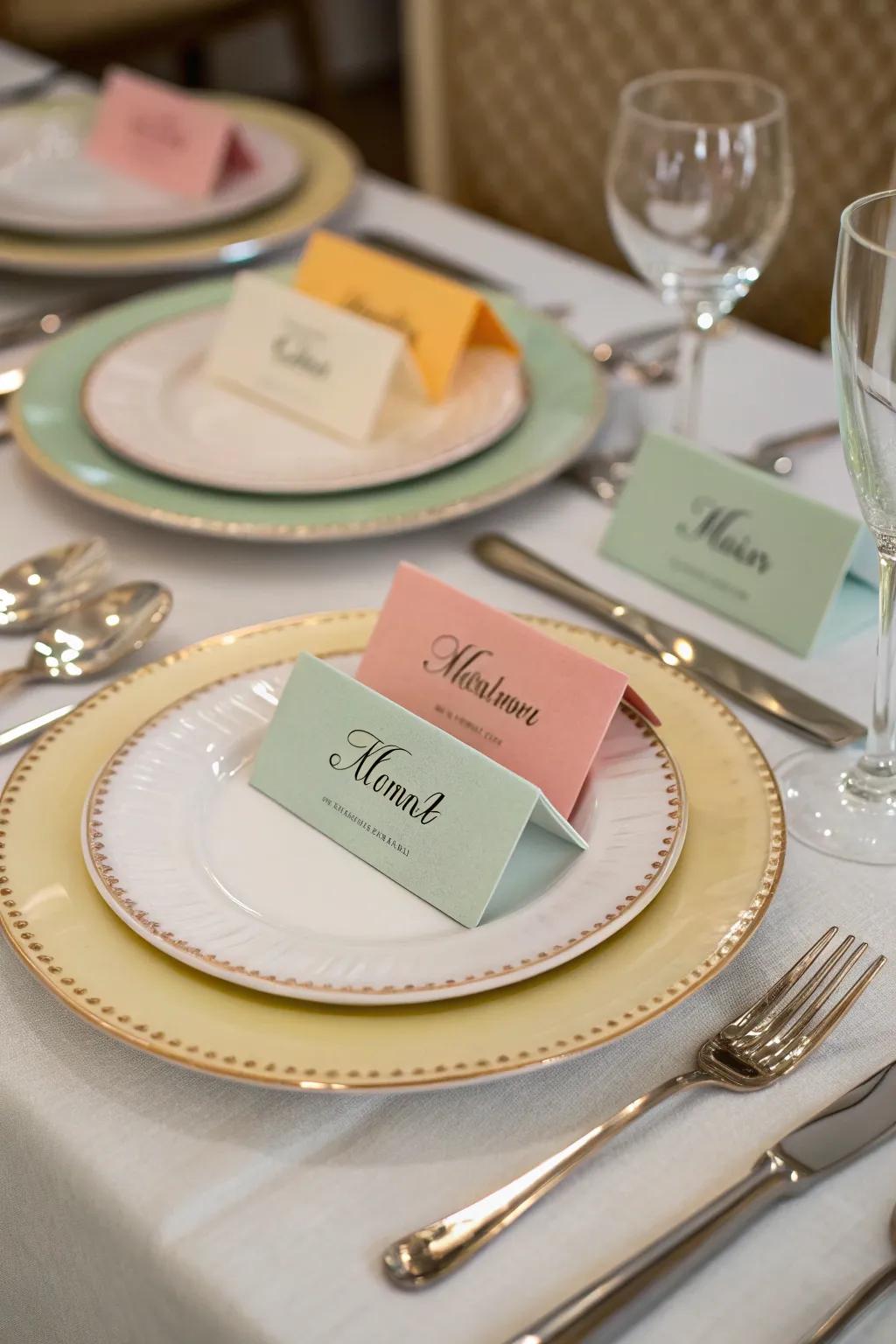Create balance with color-coordinated place cards.