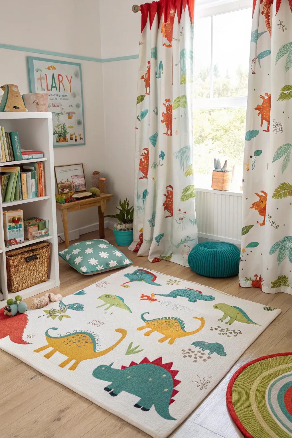Playful dinosaur-themed rugs and curtains harmoniously unify the room, culminating in a lively and inviting atmosphere.