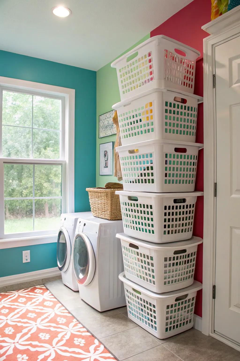 With stacked laundry baskets, you can make the most of your vertical space.