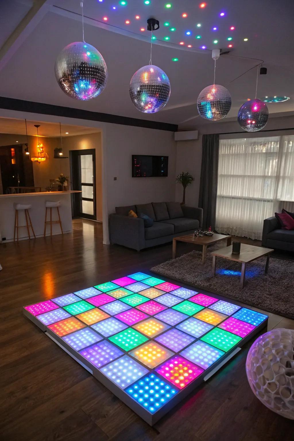 A DIY light-up dance floor encourages visitors to dance through the night.