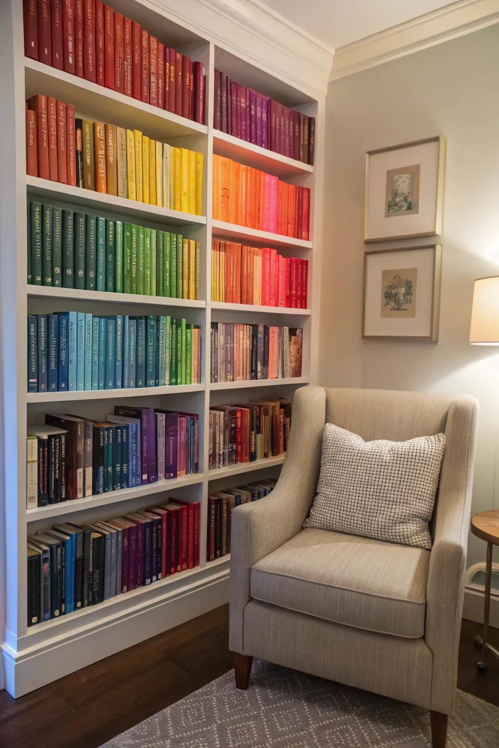A vibrant, organized bookcase that doubles as a decor piece.