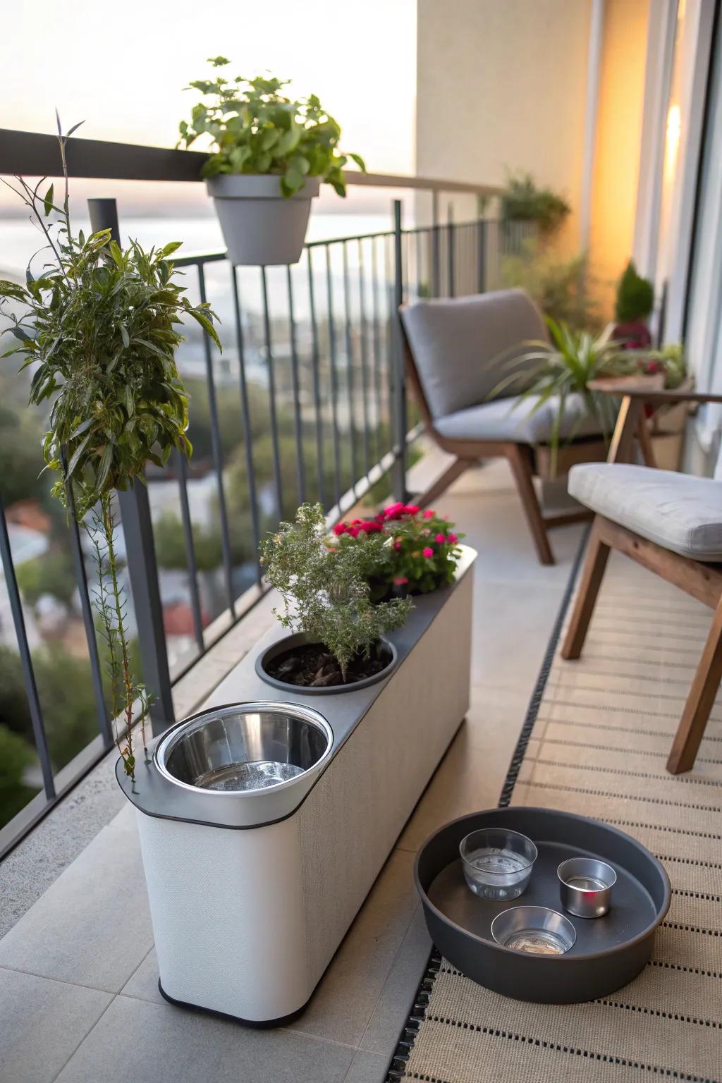 Chic hydration areas keep dogs hydrated and the balcony neat.