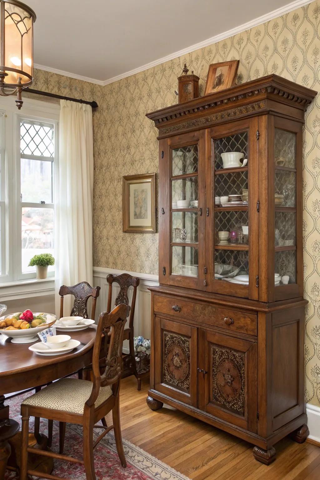 A repurposed antique cabinet for storing dog food adds charm and function.
