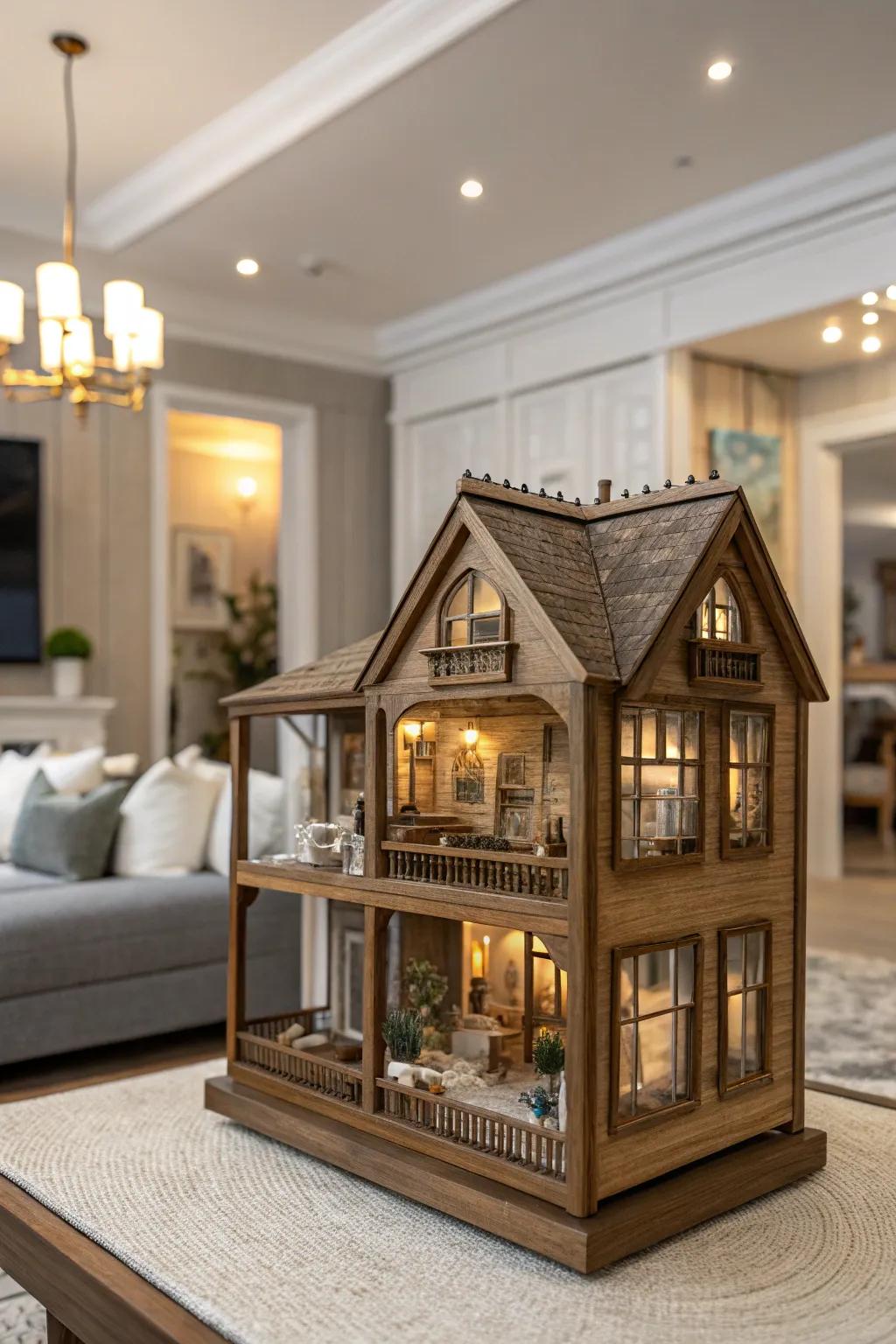 Wooden frames infuse elegance into dollhouse exhibits.
