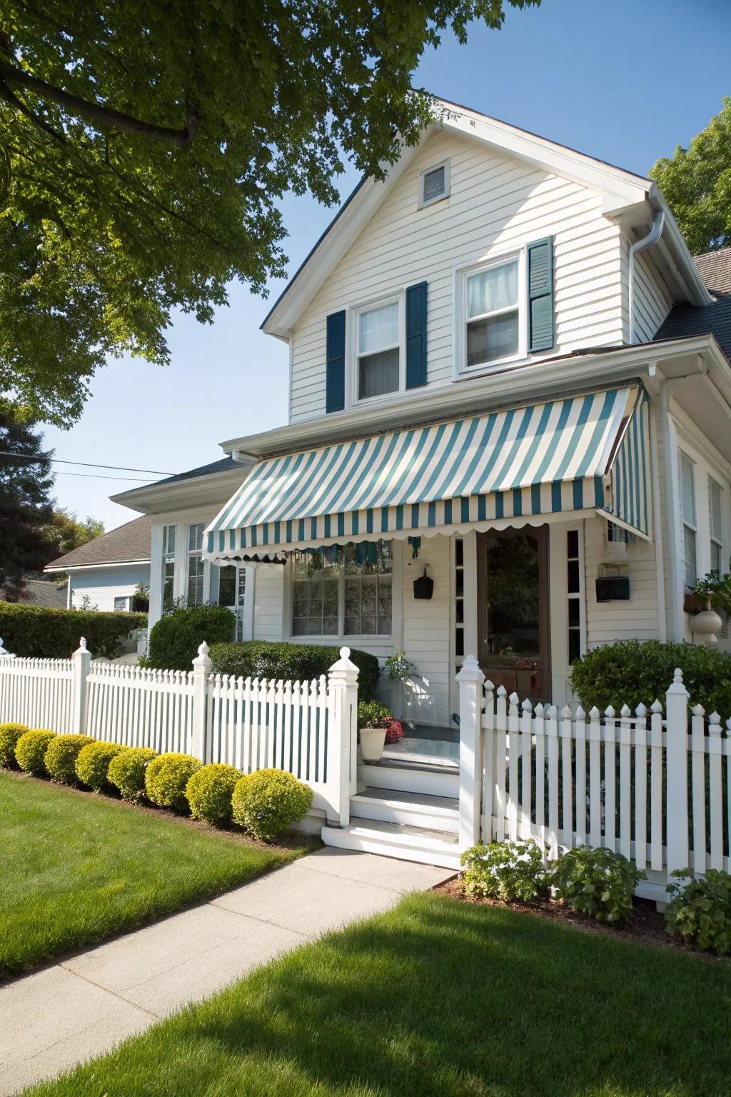 A traditional cloth awning, enhancing the home's classic appeal.