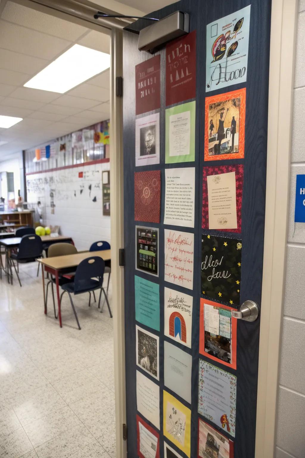 A door celebrating the joy of reading with book-themed decorations.