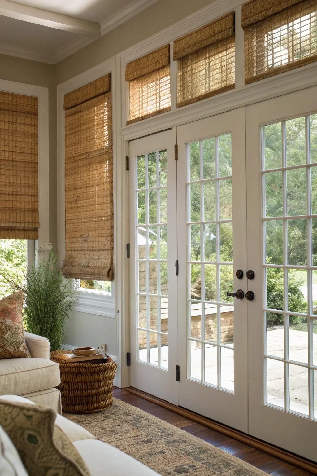 Reed blinds add texture and privacy to door windows with a natural touch.