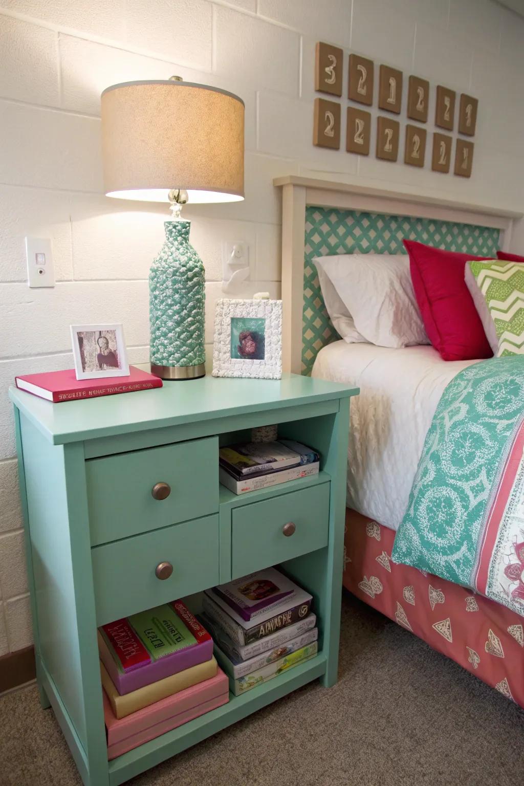 A unified color scheme brings the entire dorm room together beautifully.