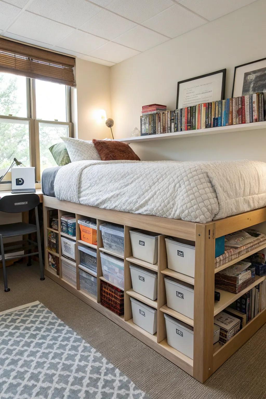 Bed risers can double the amount of storage space under your bed.