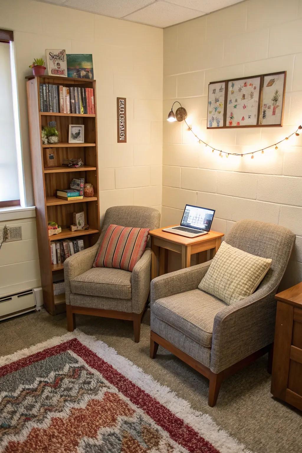 A comfortable seating area offers a stylish break inside your dorm.