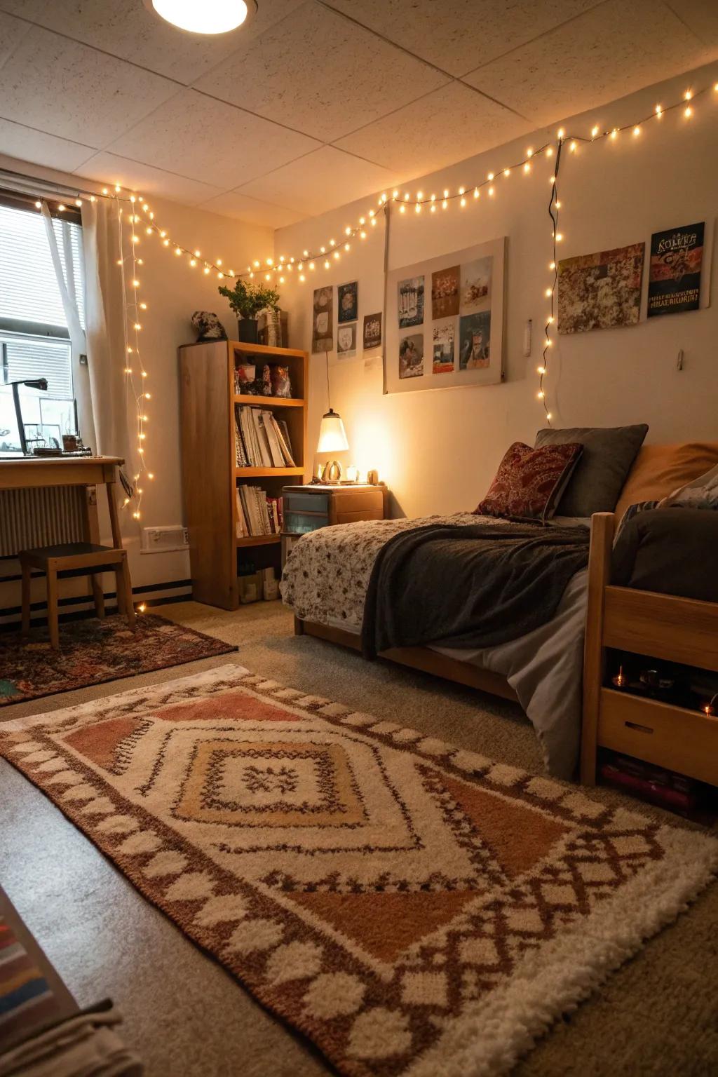 A warm floor covering adds comfort and texture to the dorm area.