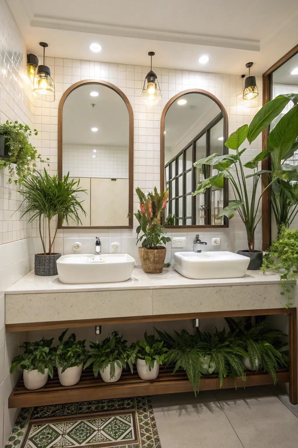 Decorative plants add a personal touch to the bathroom featuring double sinks.