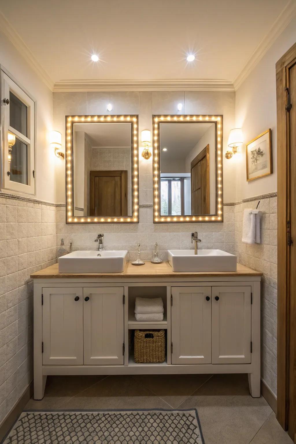 Mirrors with backlights illuminate and add sophistication.