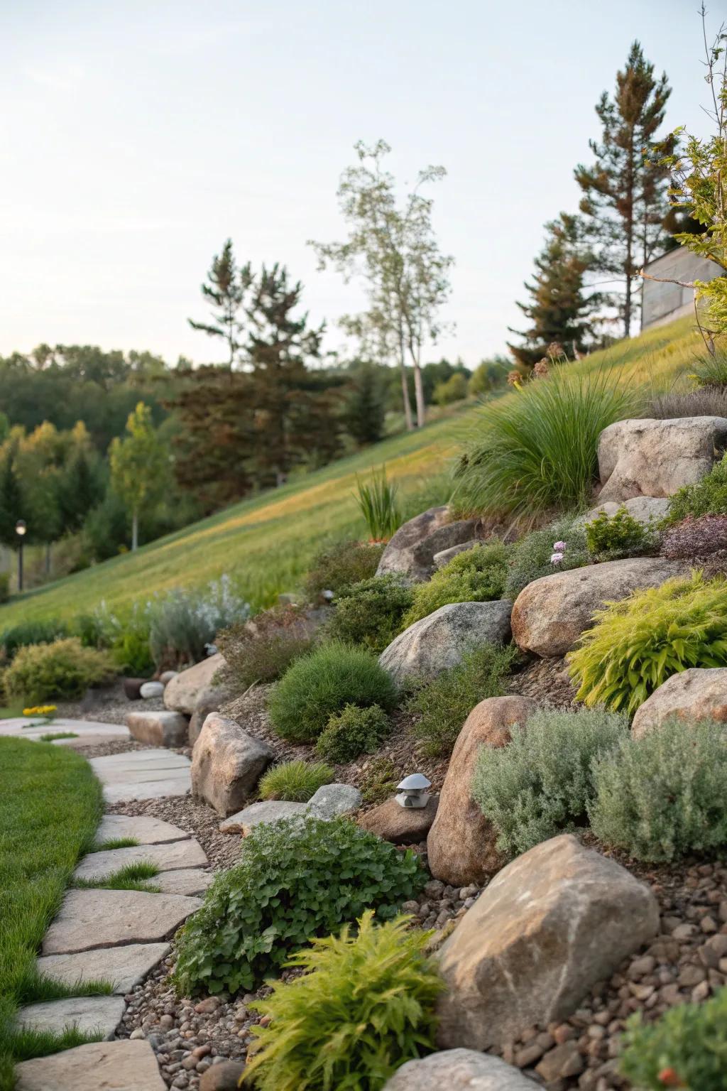 Inherent landscaping integrates exquisitely with a sloped backyard.