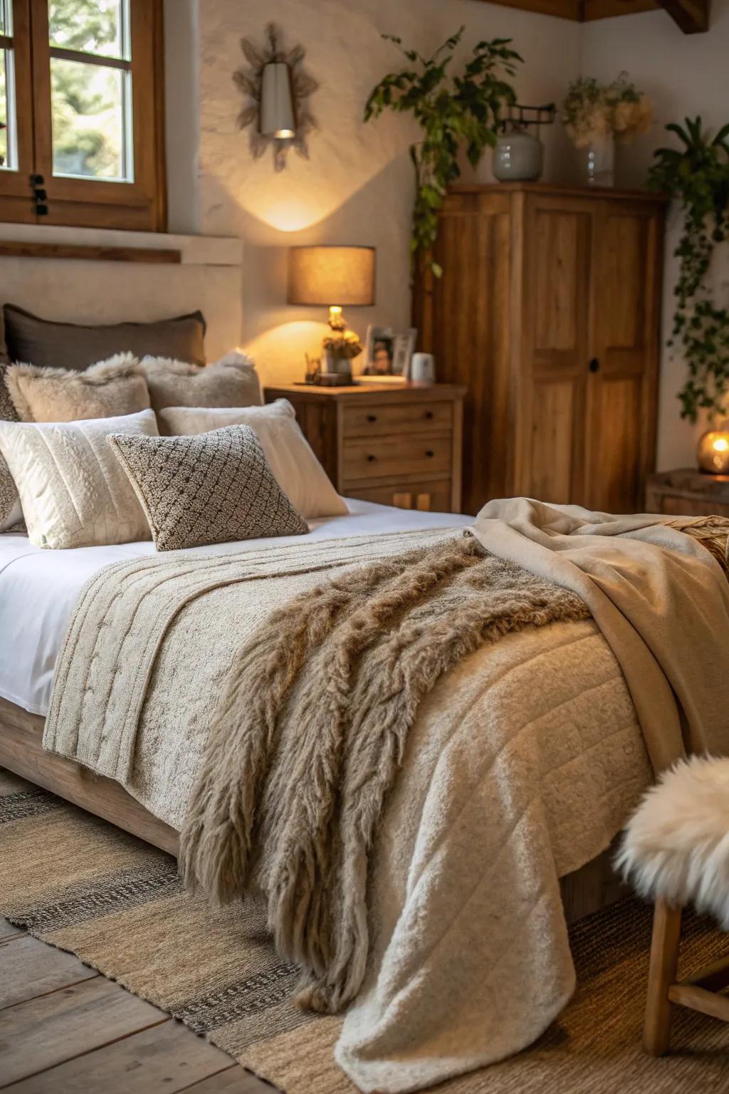 Inviting materials render the bedroom warm and welcoming.