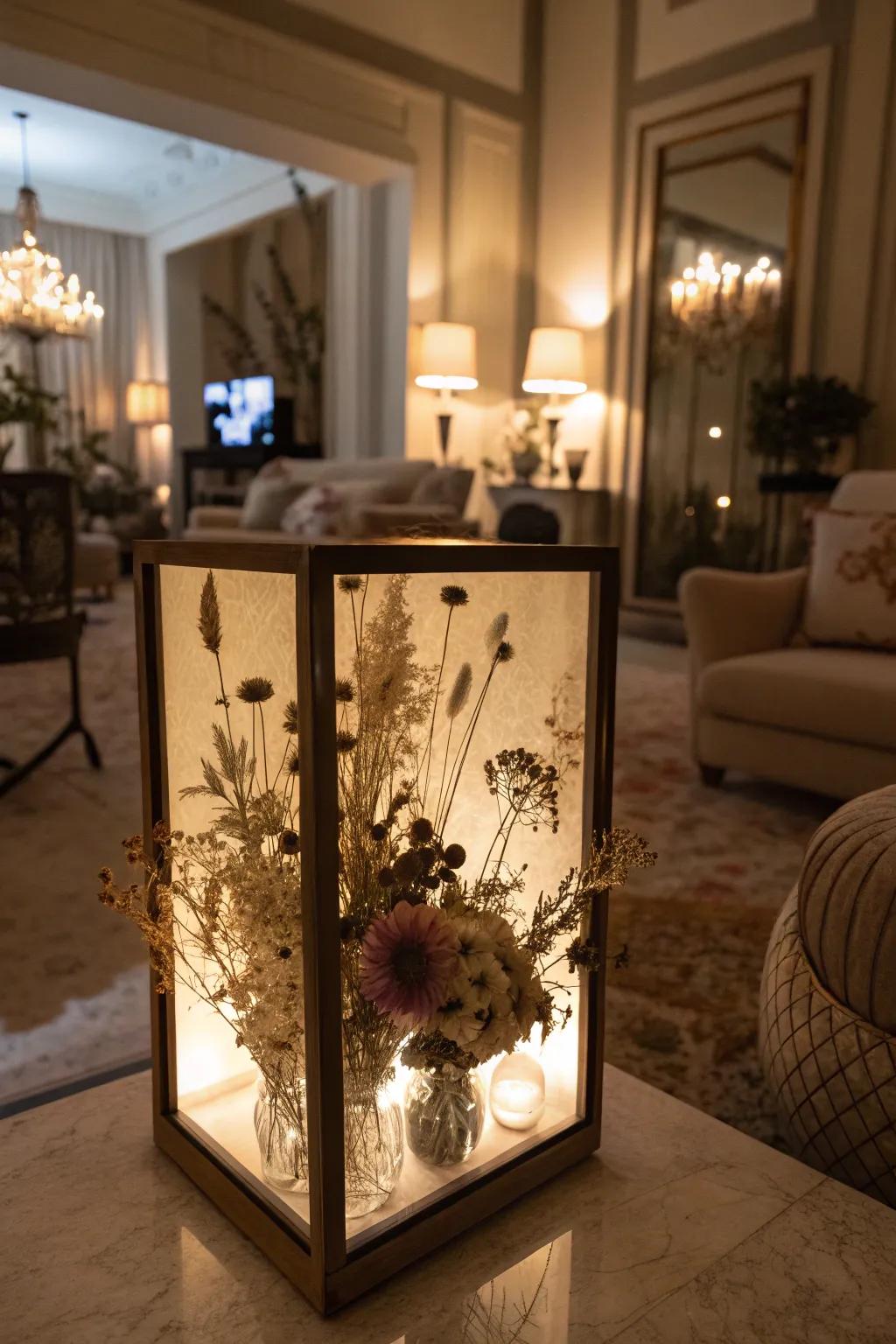 Light up your decor with a softly lit dried flower display case.