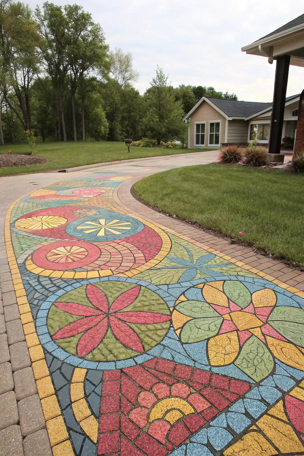 A vibrant mosaic pattern transforms a driveway into an artistic statement.