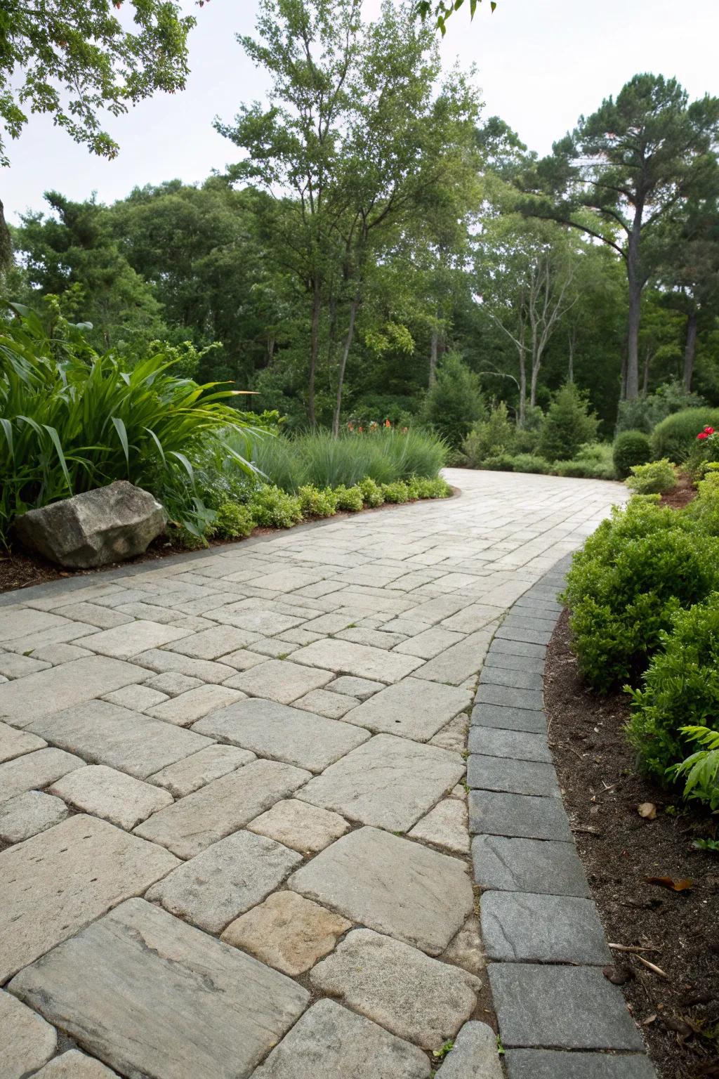 Timeless elegance with natural stone blocks in a lush setting.