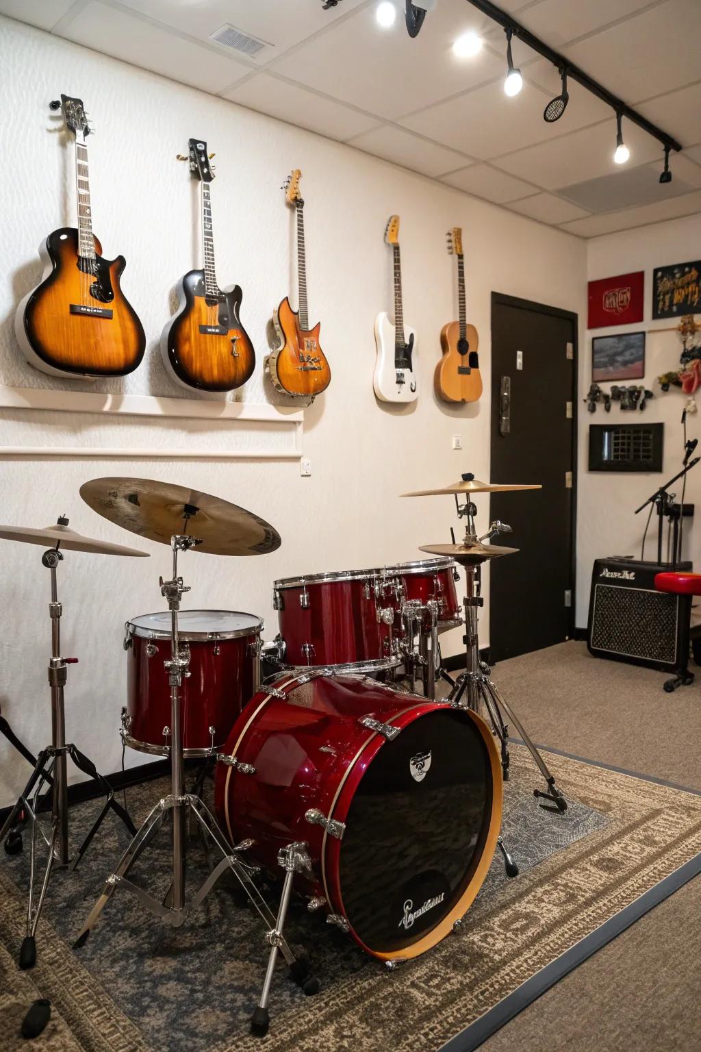 Wall-mounted instruments deepen the room's decor.