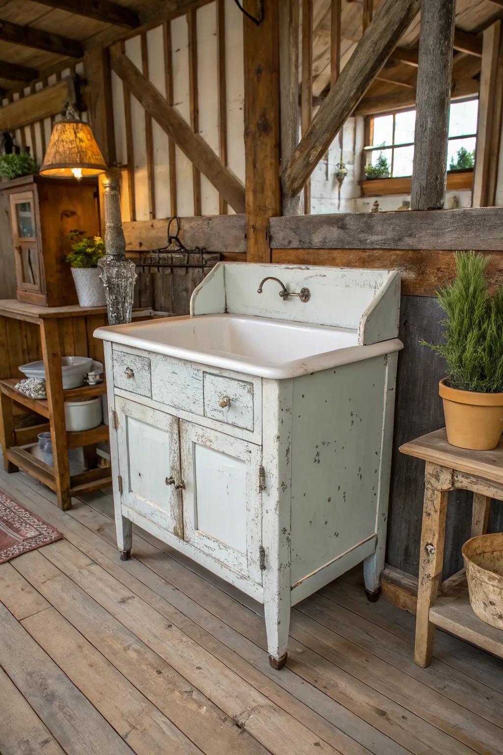 A weathered finish gives this water closet table vintage charm.