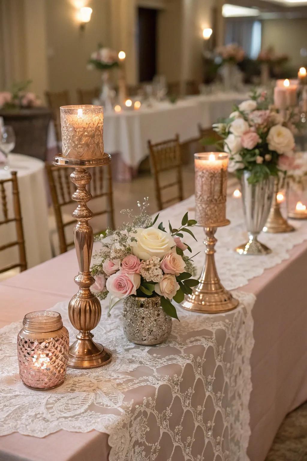 Antique rose ornamentation accented with metallics.