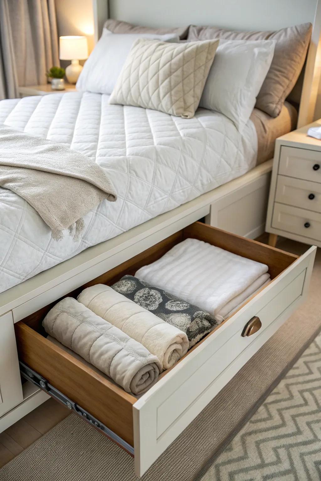 A bed drawer provides effortless access to stored duvets.