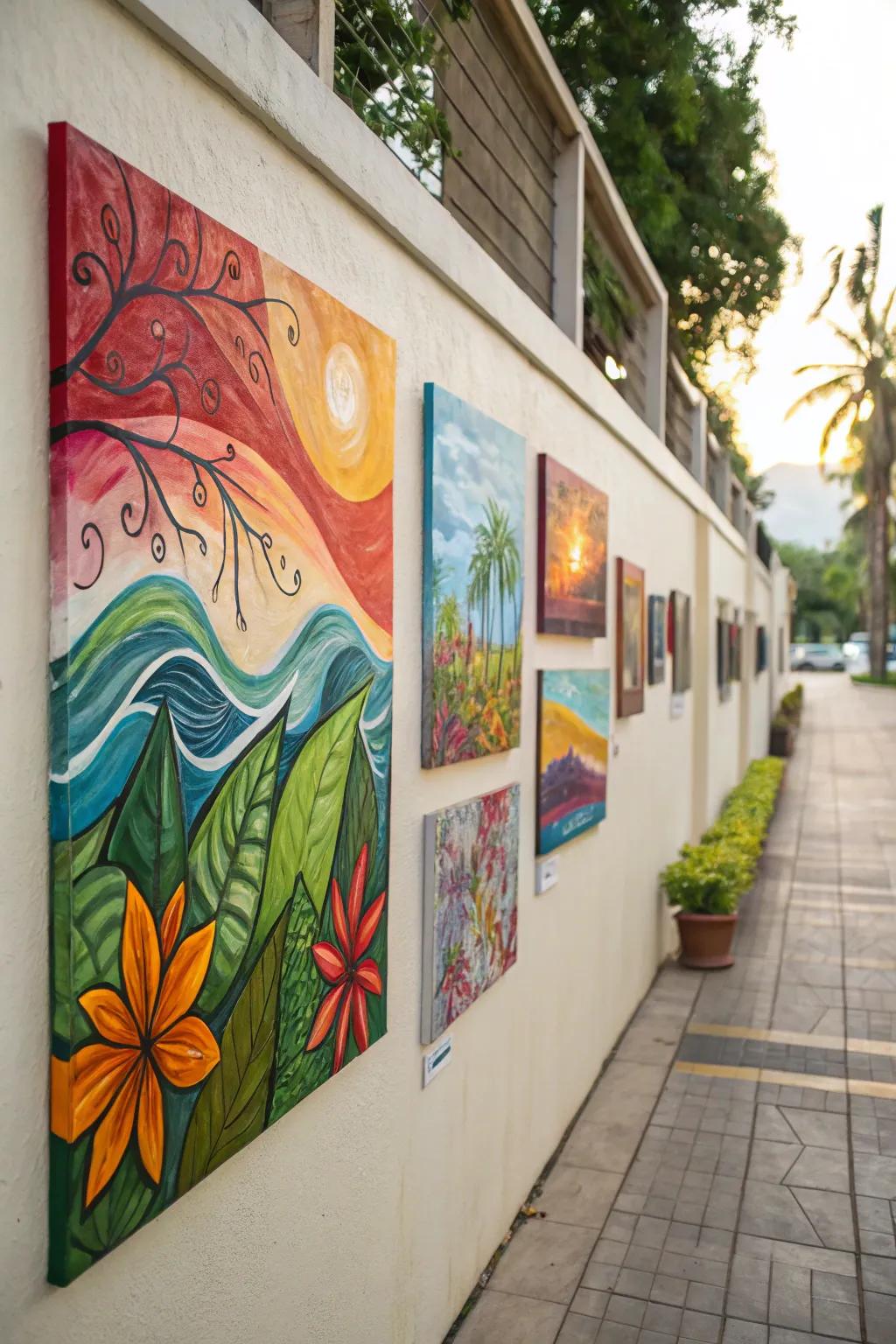 A wall adorned with abstract artwork themed around nature.