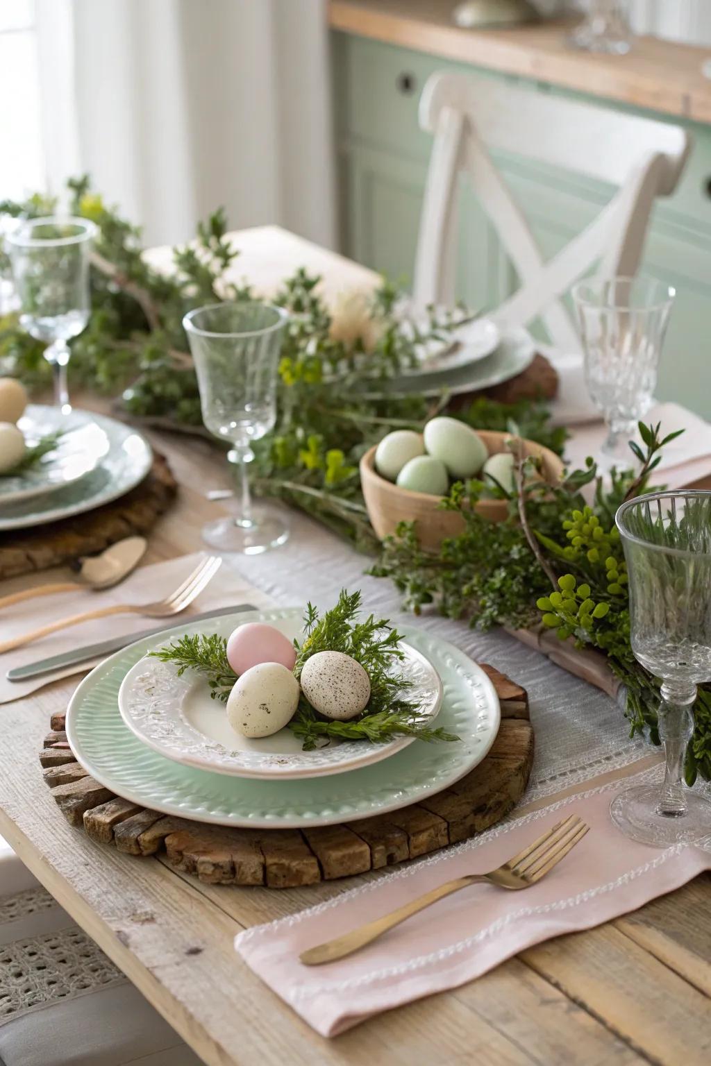 Natural verdant touches impart an organic character to the Easter table decorations.