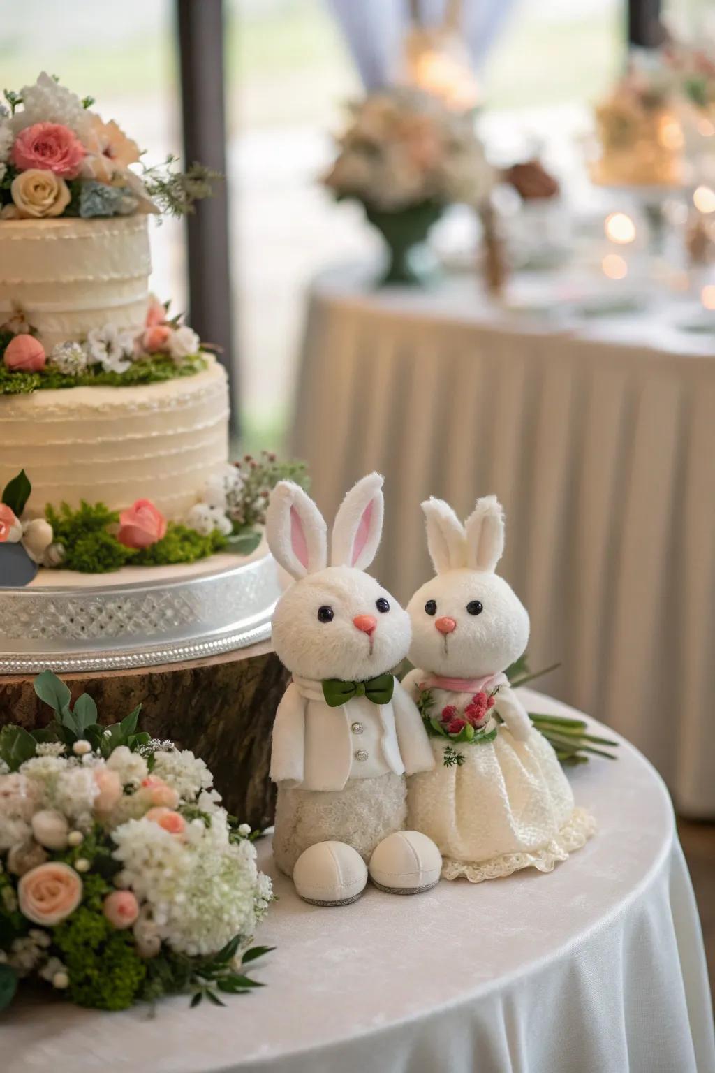 Playful wedding decor showcasing rabbit figures and whimsical cake decorations.